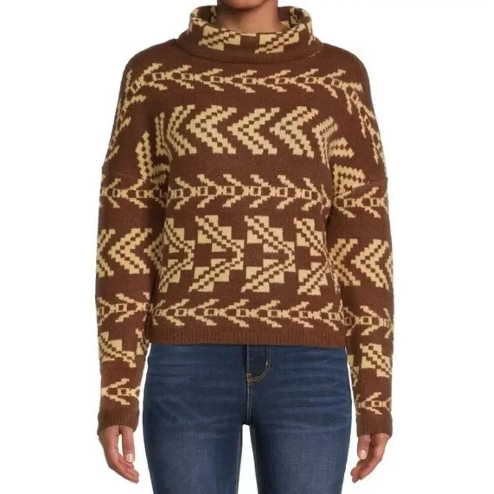 No Boundaries brown and tan plaid mock neck sweater in brown with an Aztec print